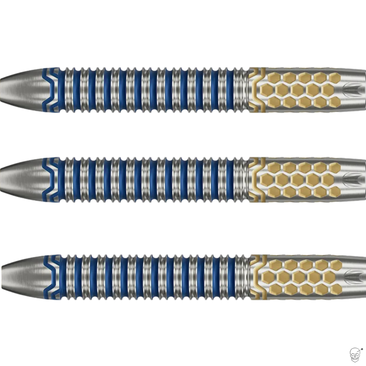 Three metallic darts with blue and gold design on a white background