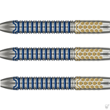Three metallic darts with blue and gold design on a white background