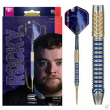 Darts with blue and silver design, featuring a person's face on the packaging, on a white background.