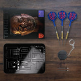 Dart set with packaging and accessories on a wooden surface