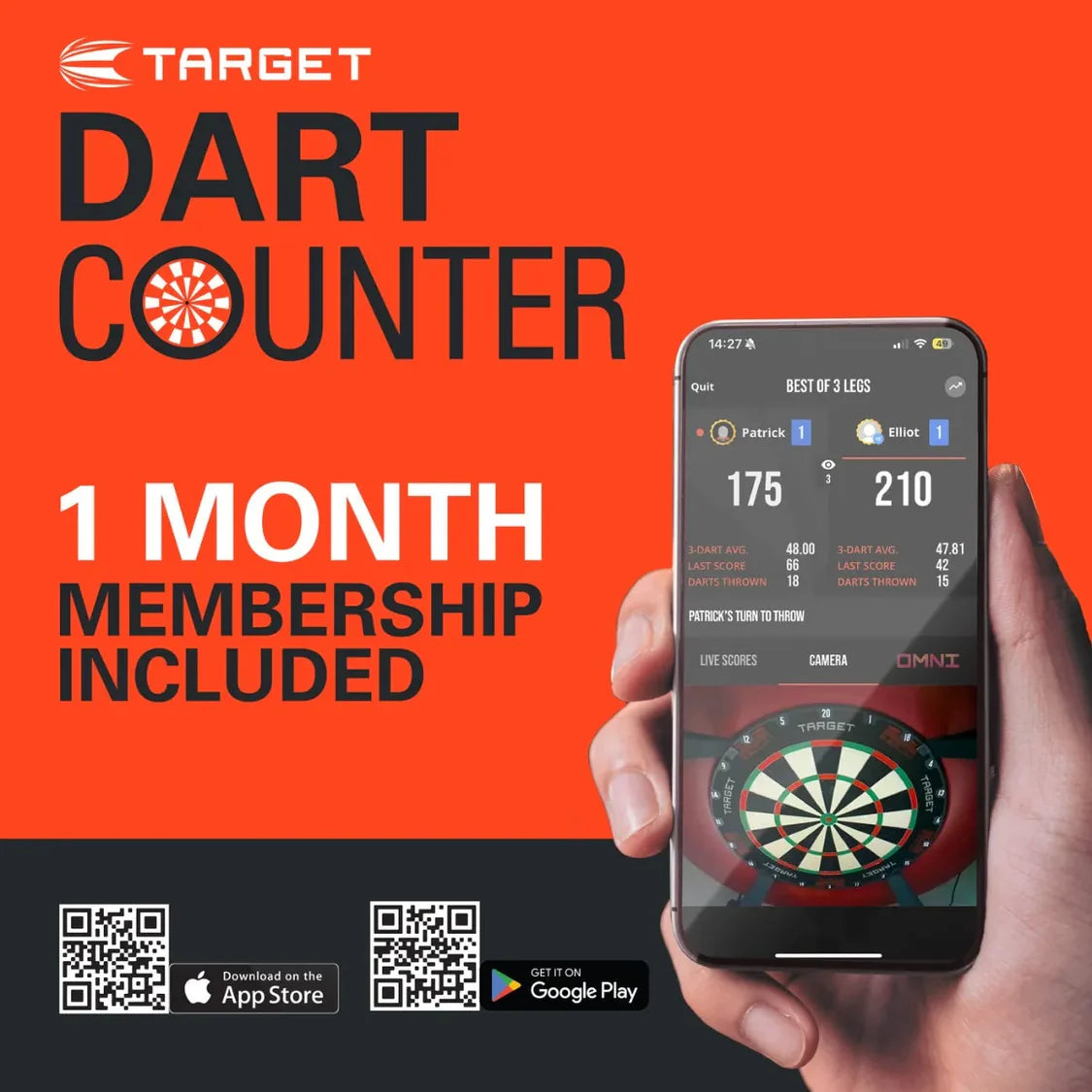 Promotional image of Target Dart Counter app on a smartphone with an orange background and text about a 1-month membership.