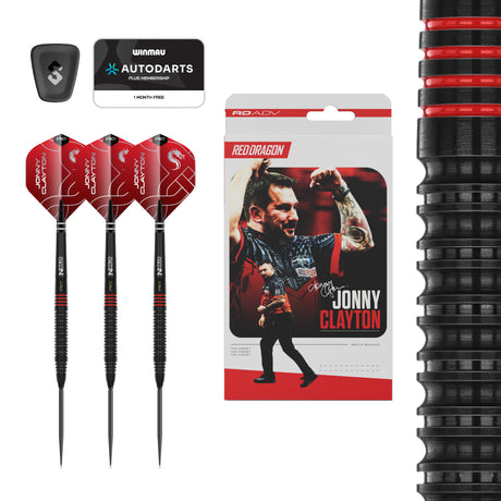 Red Dragon Jonny Clayton RD-ADV 90% tungsten darts with Jonny Clayton flights, Switch Point tool, Autodarts card and retail packaging