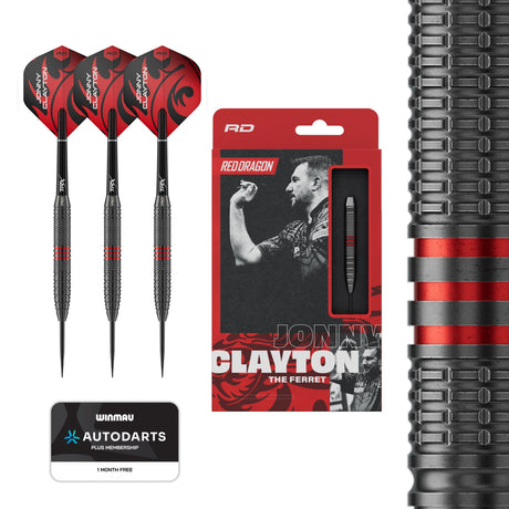 Red Dragon Jonny Clayton Core brass darts with Jonny Clayton flights, Autodarts card and retail packaging