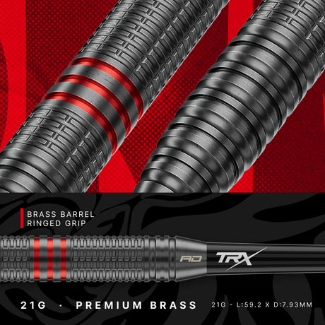 Close-up of Red Dragon Jonny Clayton Core 21g brass barrel with ringed grip and red paint fill