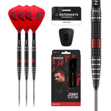Red Dragon Jonny Clayton RD-Pro 90% tungsten darts with red Nitro Flite Kite flights, retail packaging and barrel close-up
