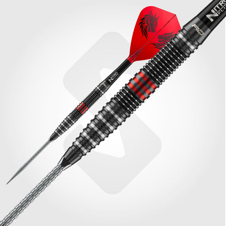 Close-up of Red Dragon Jonny Clayton RD-Pro onyx barrel with micro-milled ring grip and red accent rings