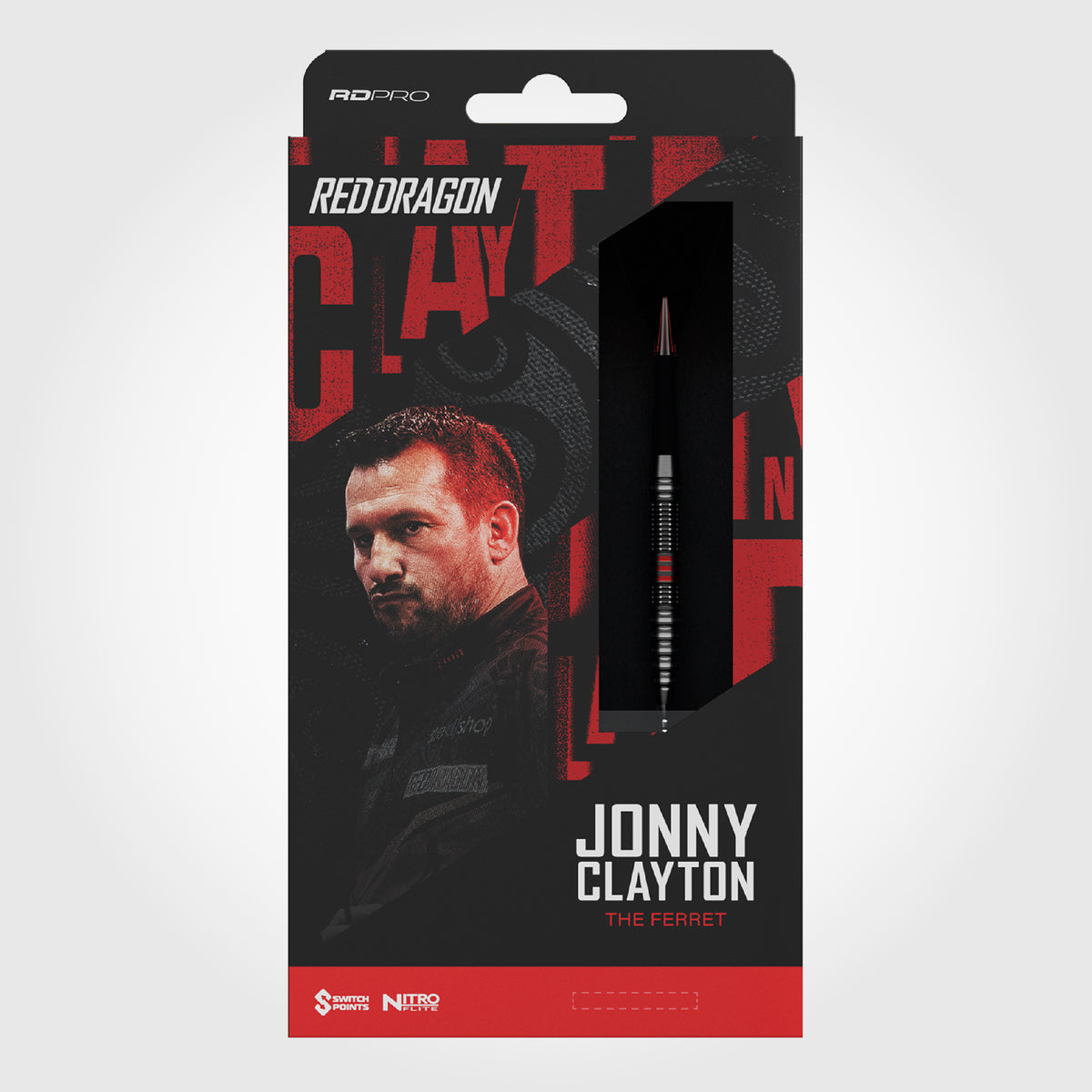 Front of Red Dragon Jonny Clayton RD-Pro 90% tungsten darts retail packaging