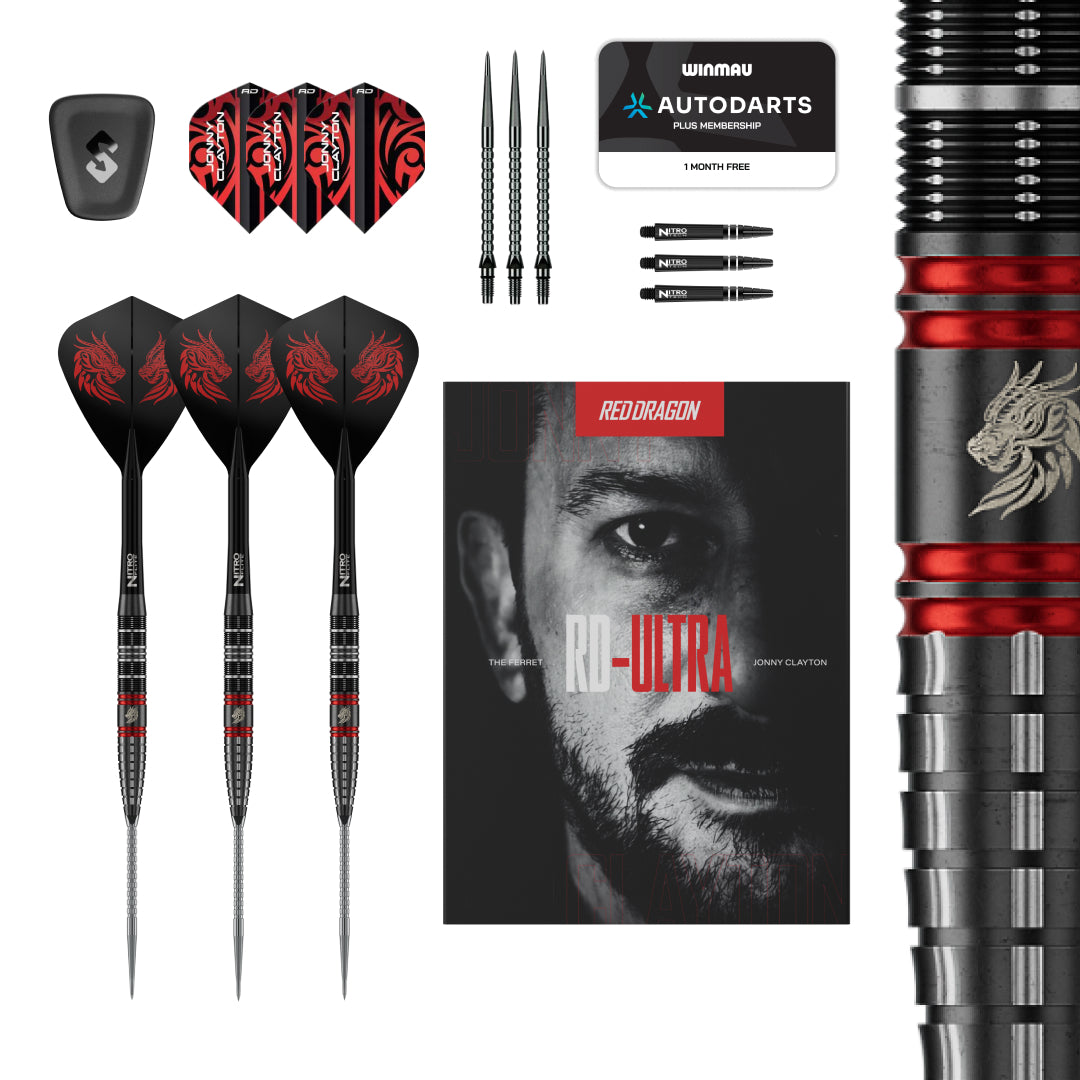 Red Dragon Jonny Clayton RD-Ultra 90% tungsten darts with Nitro Flite Kite flights, standard flights, shafts, two Switch Point sets and presentation box