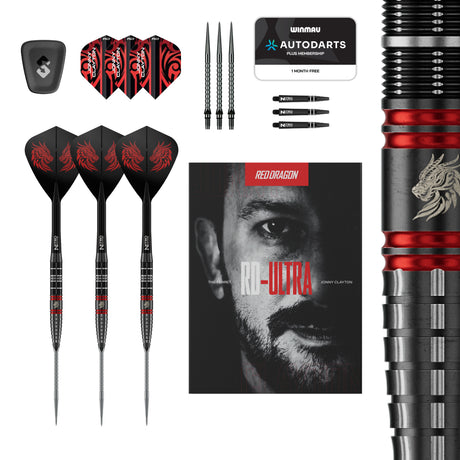 Red Dragon Jonny Clayton RD-Ultra 90% tungsten darts with Nitro Flite Kite flights, standard flights, shafts, two Switch Point sets and presentation box