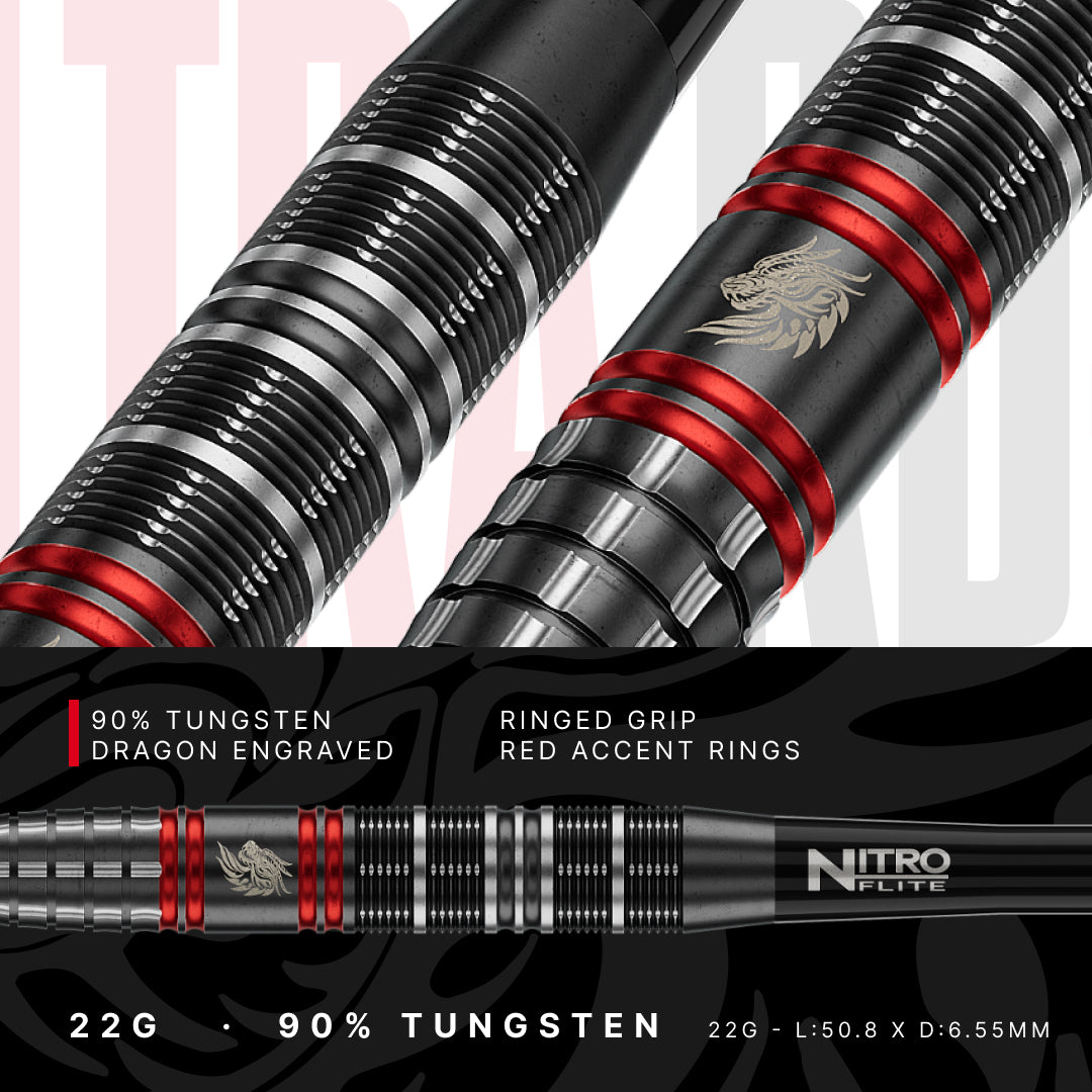 Close-up of Red Dragon Jonny Clayton RD-Ultra barrel with ringed grip, red accent rings and engraved dragon, 22g 90% tungsten