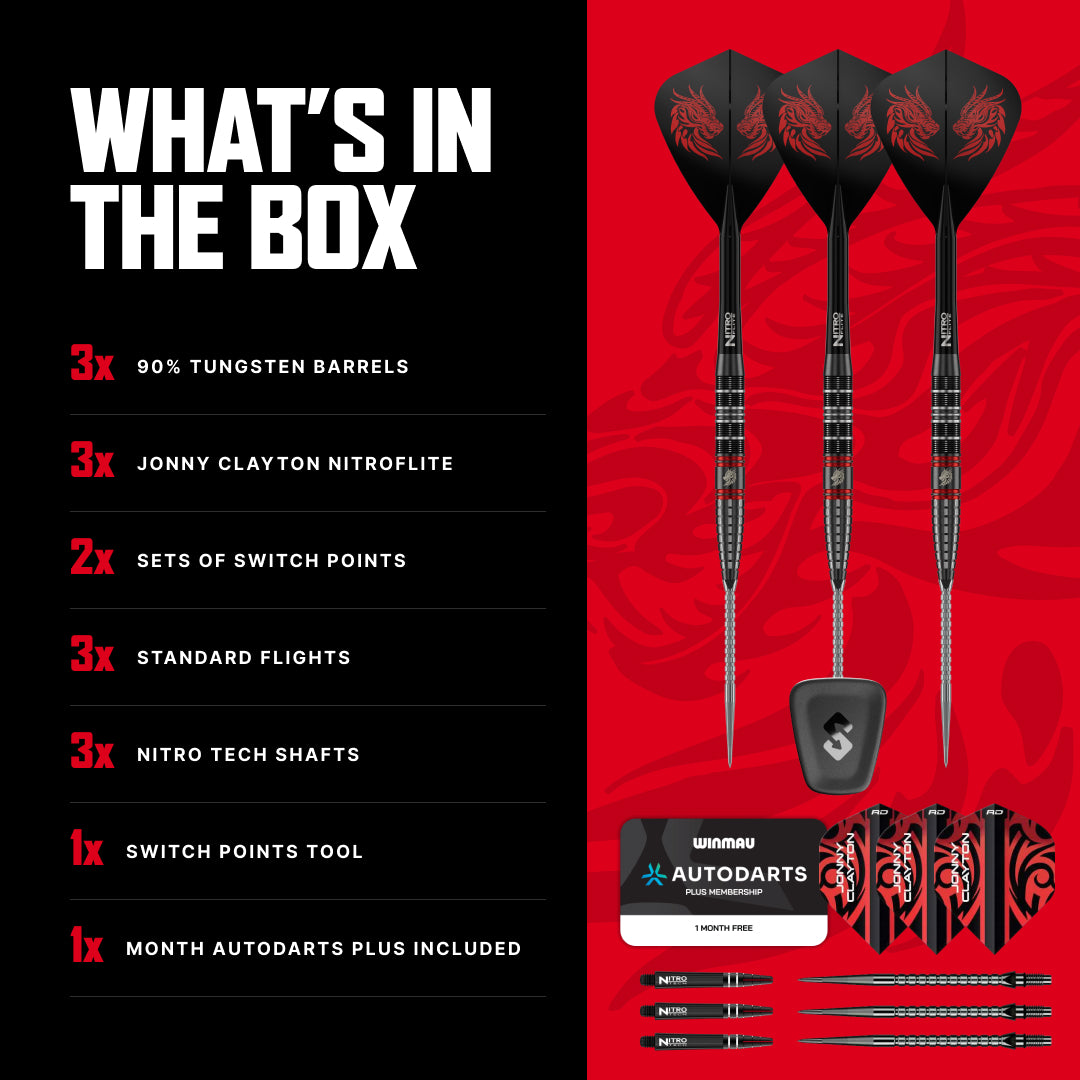 What's in the box for the Jonny Clayton RD-Ultra: barrels, Nitro Flite, two Switch Point sets, standard flights, Nitro Tech shafts, tool and Autodarts card