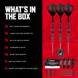 What's in the box for the Jonny Clayton RD-Ultra: barrels, Nitro Flite, two Switch Point sets, standard flights, Nitro Tech shafts, tool and Autodarts card