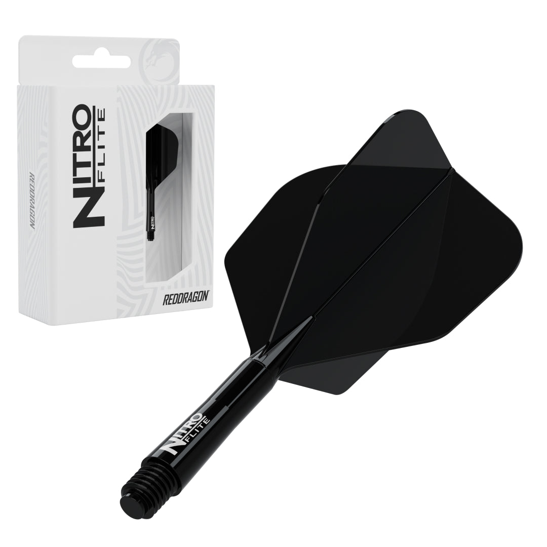Red Dragon Nitro Flite No.6 medium with black stem and black flight, with retail packaging
