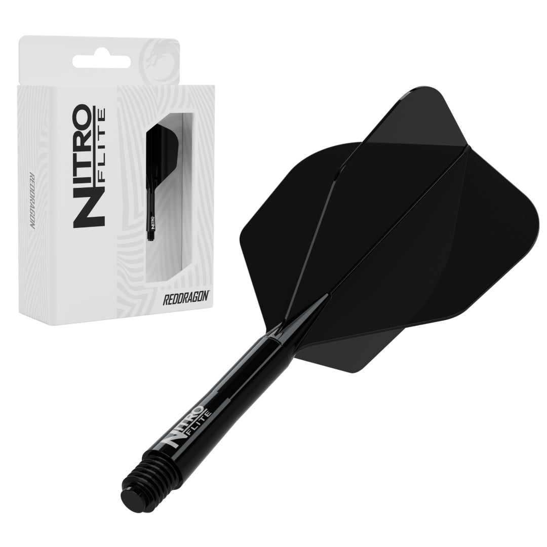Red Dragon Nitro Flite No.6 intermediate with black stem and black flight, with retail packaging