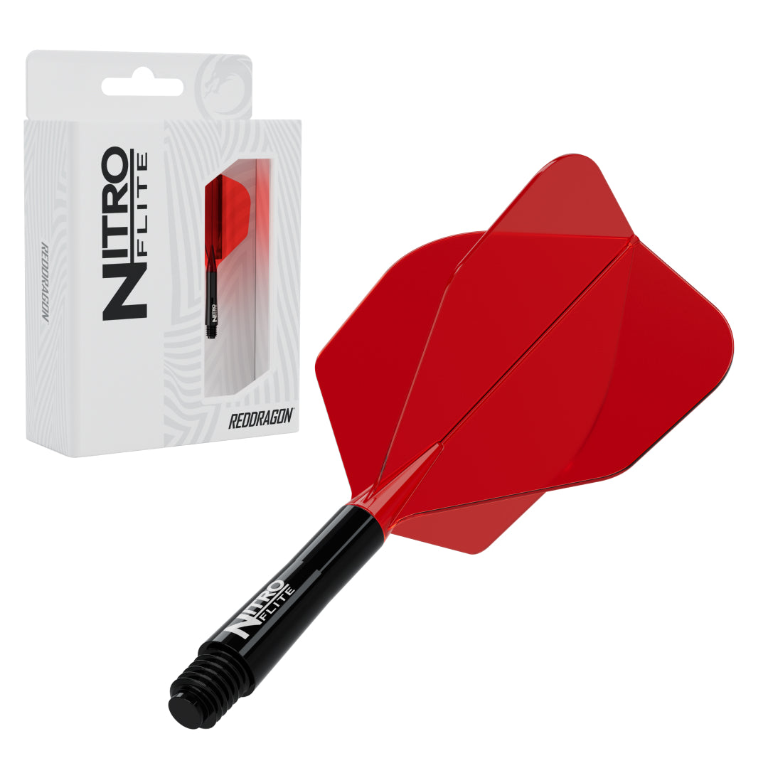 Red Dragon Nitro Flite No.6 medium with black stem and red flight, with retail packaging