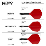 Red Dragon Nitro Flite No.6 size guide showing short, intermediate and medium lengths and weights