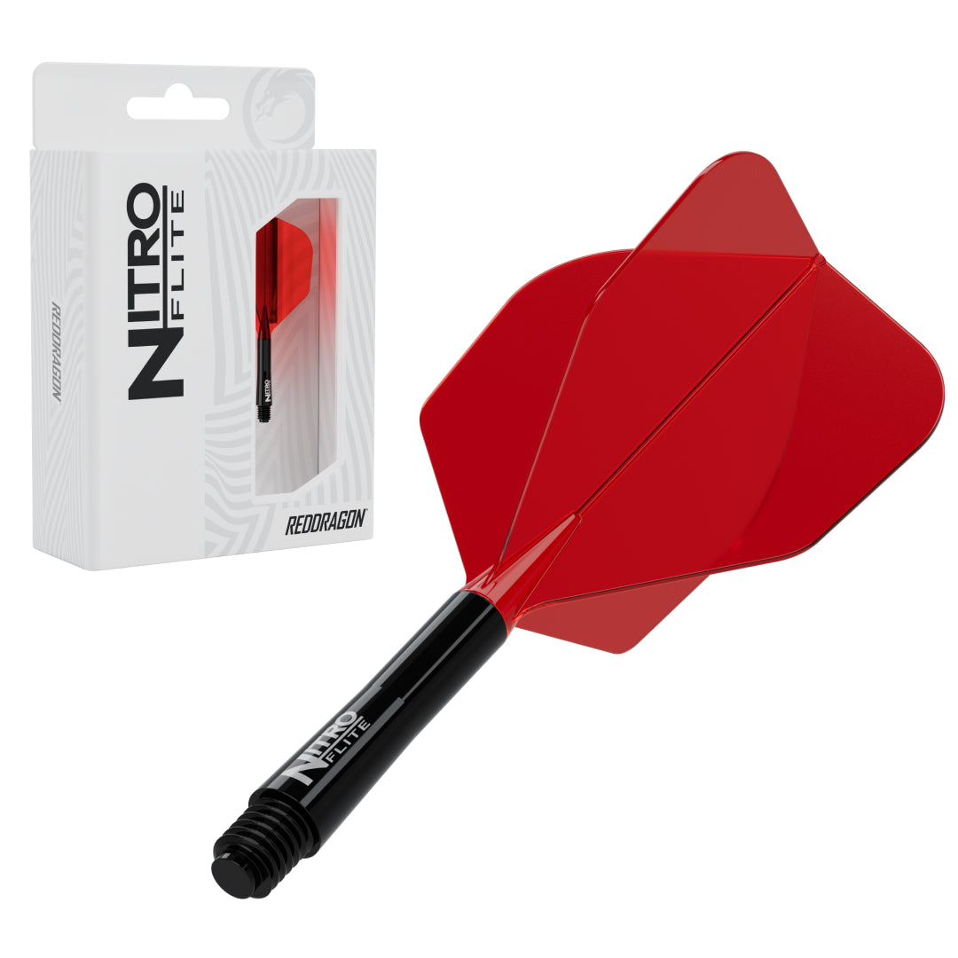 Red Dragon Nitro Flite No.6 intermediate with black stem and red flight, with retail packaging