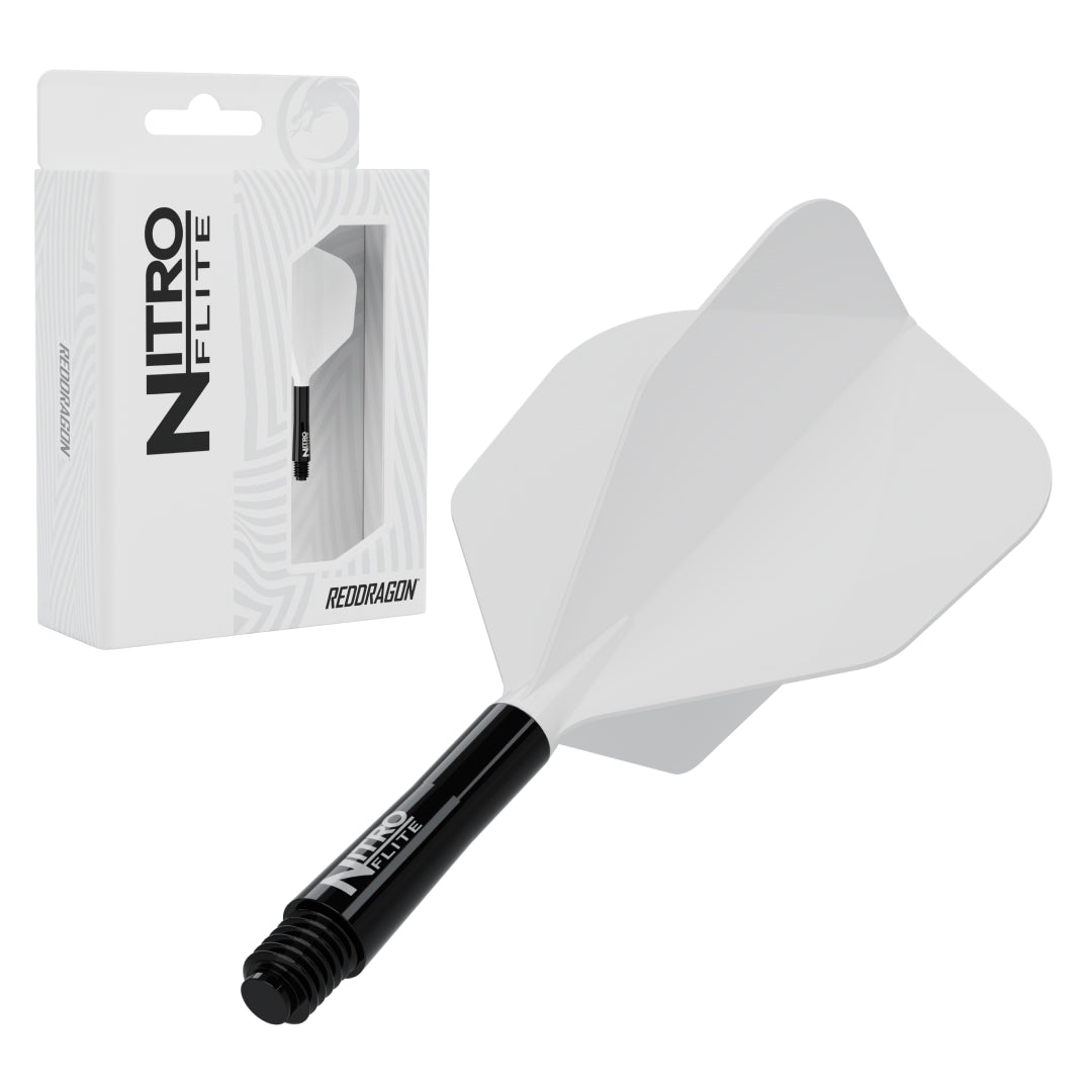 Red Dragon Nitro Flite No.6 short with black stem and white flight, with retail packaging