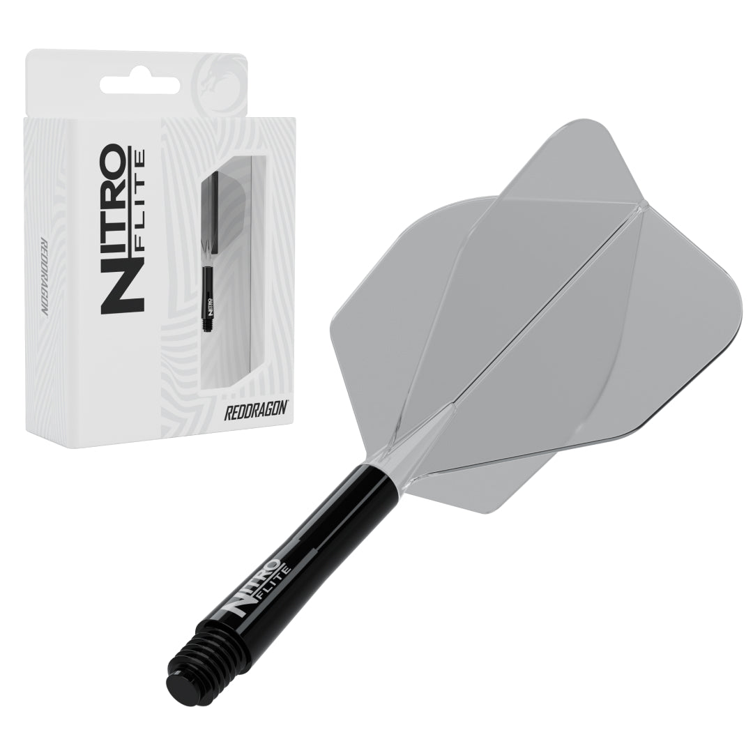 Red Dragon Nitro Flite No.6 intermediate with black stem and clear flight, with retail packaging