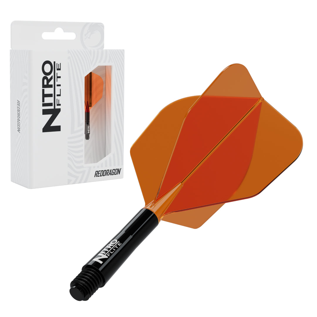 Red Dragon Nitro Flite No.6 medium with black stem and orange flight, with retail packaging