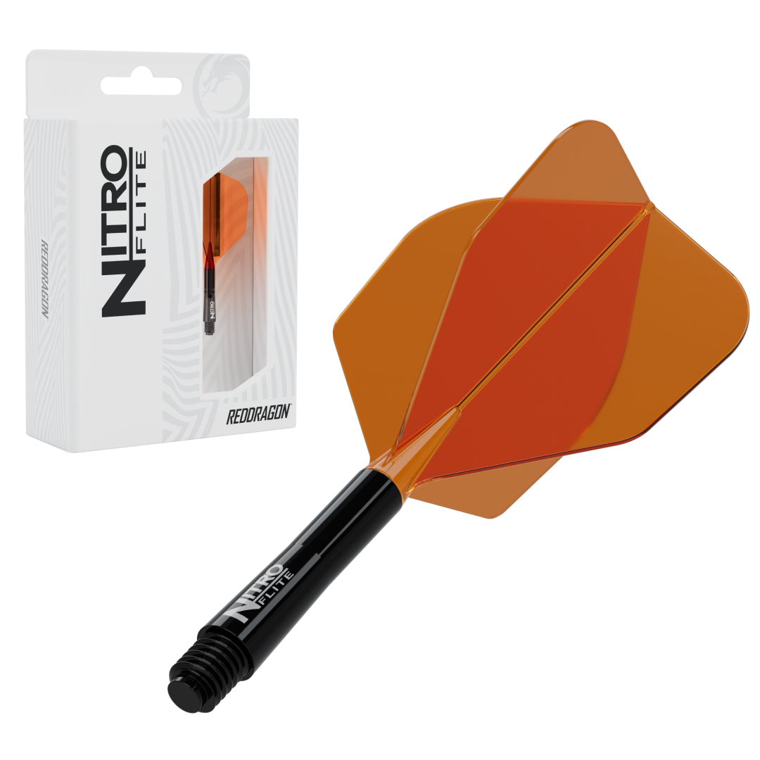 Red Dragon Nitro Flite No.6 intermediate with black stem and orange flight, with retail packaging