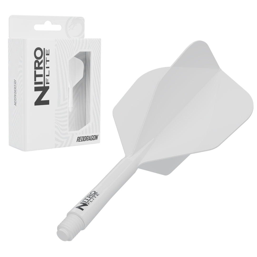 Red Dragon Nitro Flite No.6 intermediate with white stem and white flight, with retail packaging