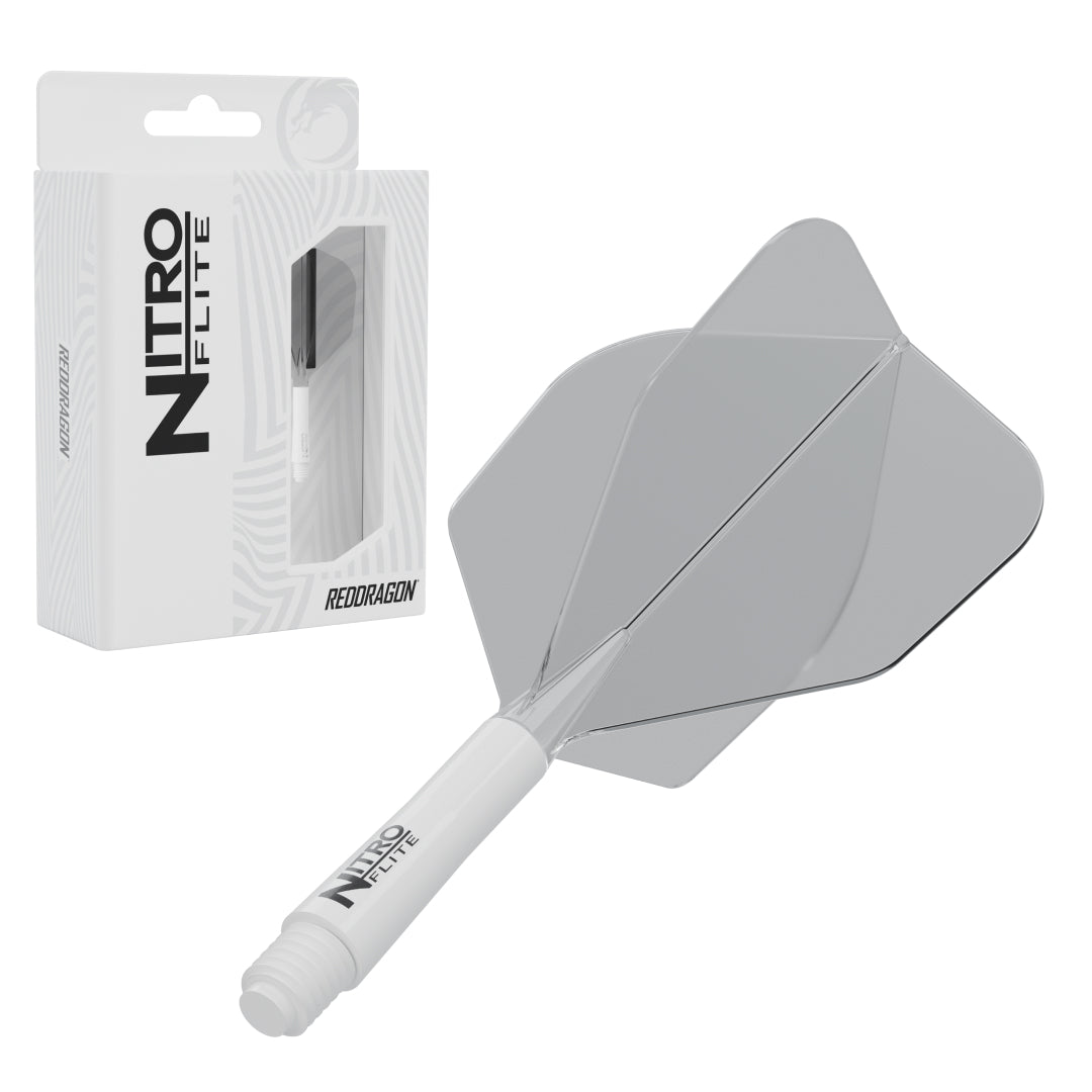 Red Dragon Nitro Flite No.6 medium with white stem and clear flight, with retail packaging