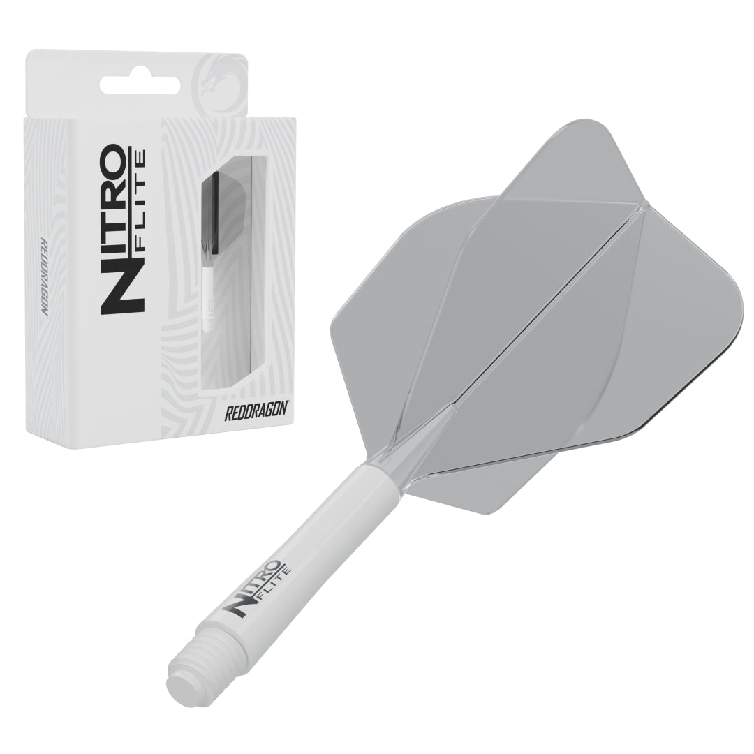 Red Dragon Nitro Flite No.6 intermediate with white stem and clear flight, with retail packaging