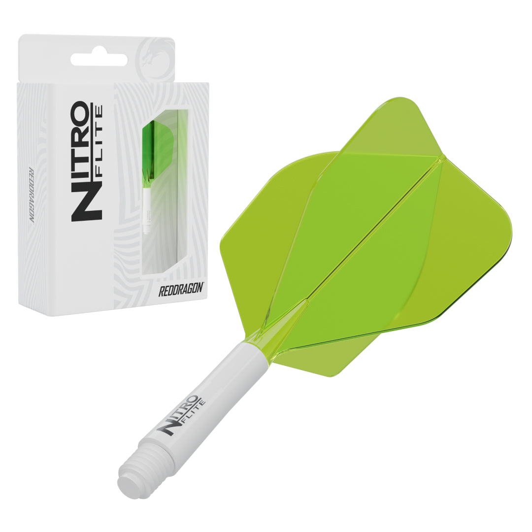 Red Dragon Nitro Flite No.6 short with white stem and yellow flight, with retail packaging