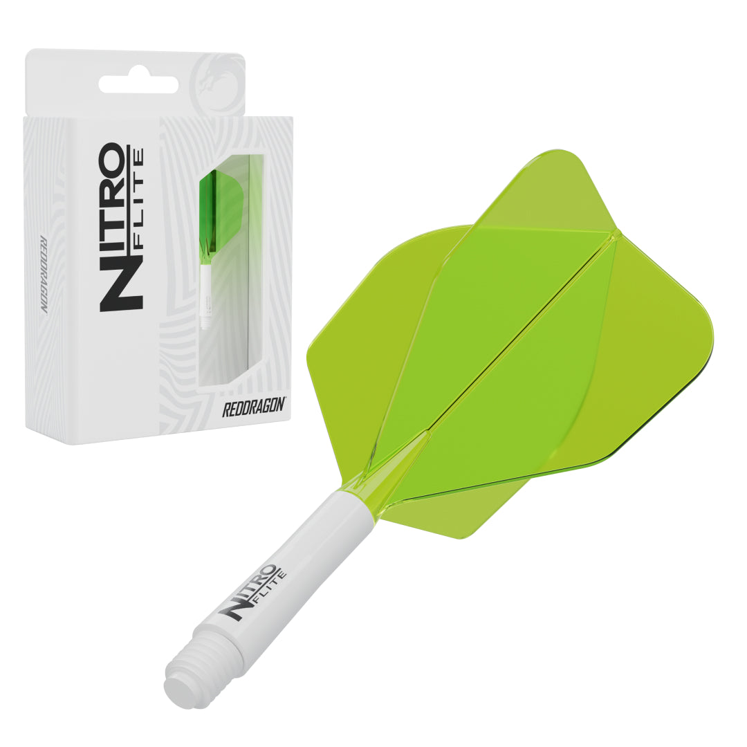 Red Dragon Nitro Flite No.6 medium with white stem and yellow flight, with retail packaging