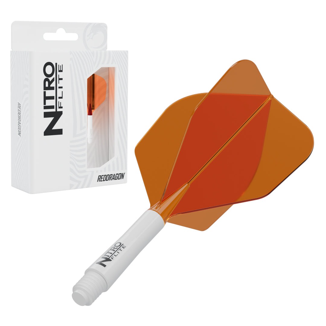 Red Dragon Nitro Flite No.6 short with white stem and orange flight, with retail packaging