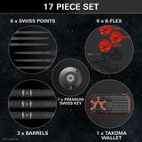 17-piece dart set with components labeled on a starry background
