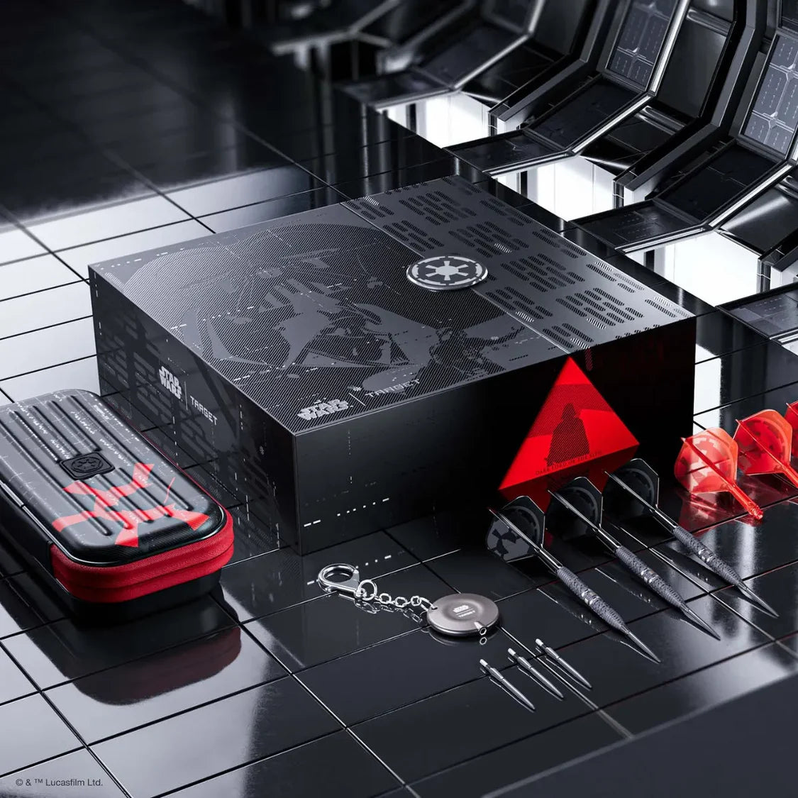 Black and red electronic device with branding on a reflective surface