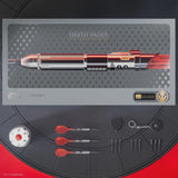 Darth Vader lightsaber toy set with red and silver colors on a black and red background.