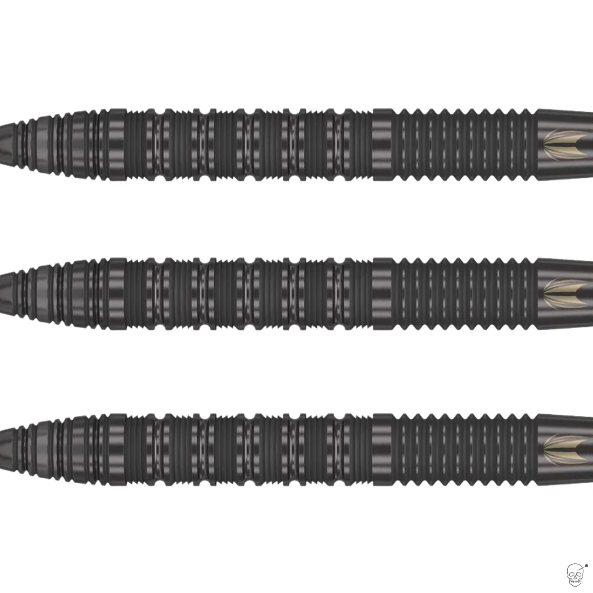 Three black darts with a textured grip on a white background