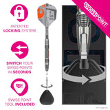 Swiss Point dart system with packaging and features highlighted on a white background