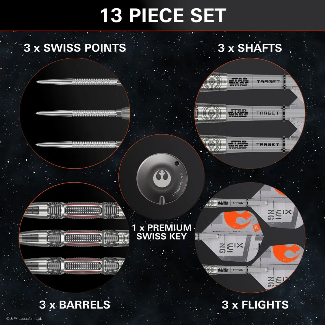 13-piece dart set with components labeled on a dark background