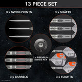 13-piece dart set with components labeled on a dark background
