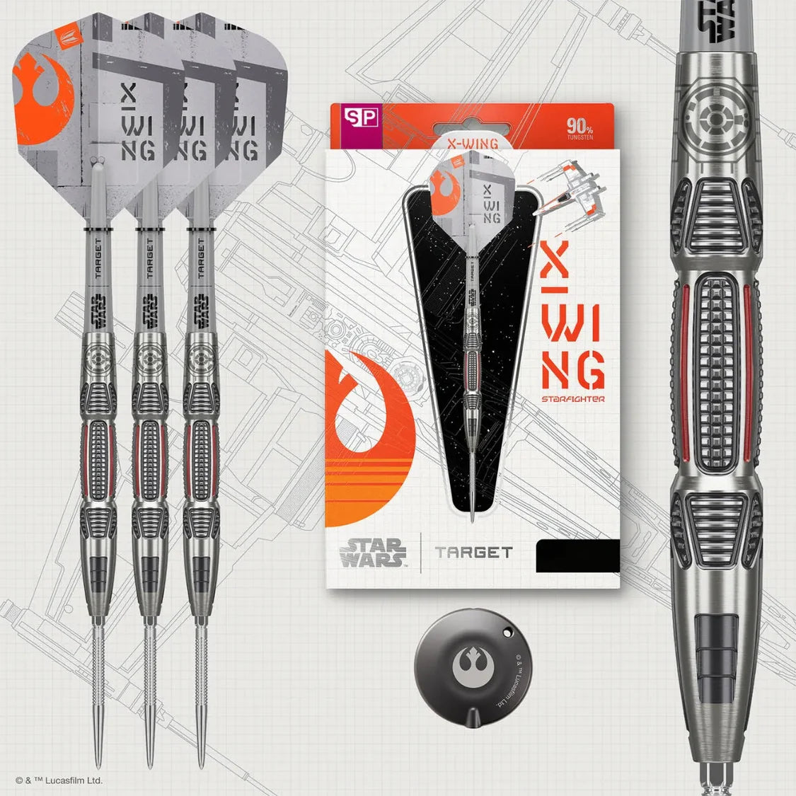 Star Wars-themed darts with packaging and target on a geometric patterned background