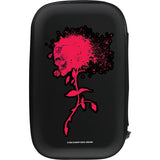 Full view black dart case with pink skull and rose graphic, hard shell, isolated for dart storage display