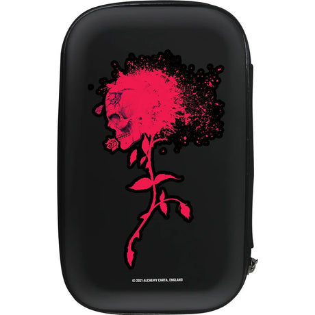 Full view black dart case with pink skull and rose graphic, hard shell, isolated for dart storage display