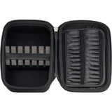Top-down view of open darts case with foam dart holders, elastic straps and accessory slots, ideal for organized dart storage