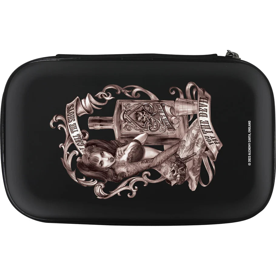 Top-down view of Alchemy Devils Dew darts case with gothic tattoo-style artwork on black hard shell, ideal for storing dart accessories