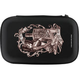 Top-down view of Alchemy Devils Dew darts case with gothic tattoo-style artwork on black hard shell, ideal for storing dart accessories