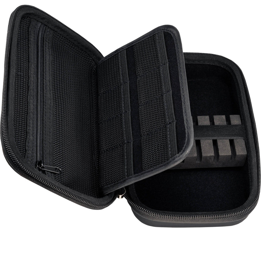 Open darts case angled view with mesh pockets, zip compartment, and foam dart slots for secure dart storage
