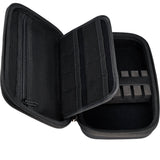 Open darts case angled view with mesh pockets, zip compartment, and foam dart slots for secure dart storage