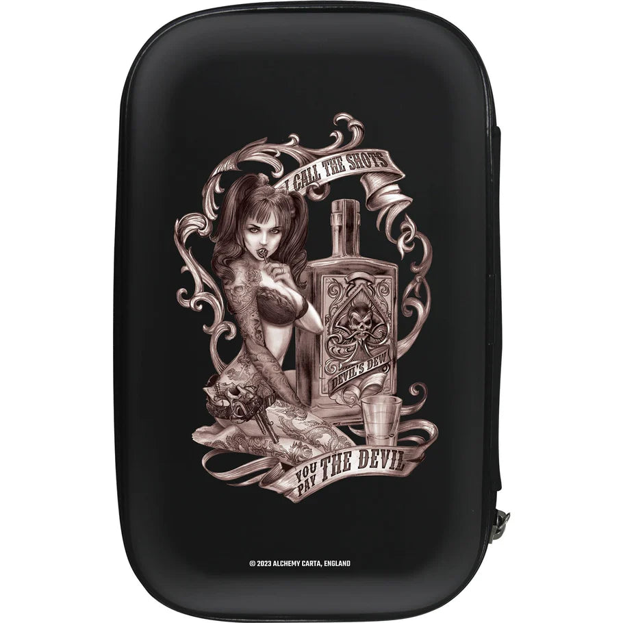 Full view of Alchemy Devils Dew darts case with gothic tattoo-style artwork and zipper closure, dart storage case for players
