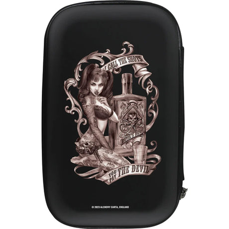 Full view of Alchemy Devils Dew darts case with gothic tattoo-style artwork and zipper closure, dart storage case for players