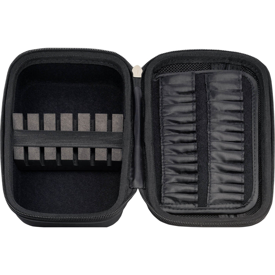 Top-down view of open dart case with foam dividers for darts and elastic slots for flights, ideal for dart storage and organization