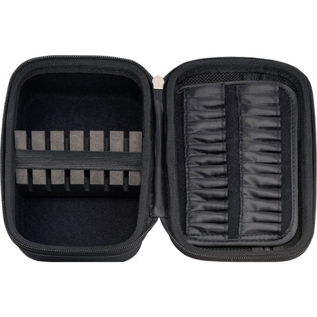 Top-down view of open dart case with foam dividers for darts and elastic slots for flights, ideal for dart storage and organization